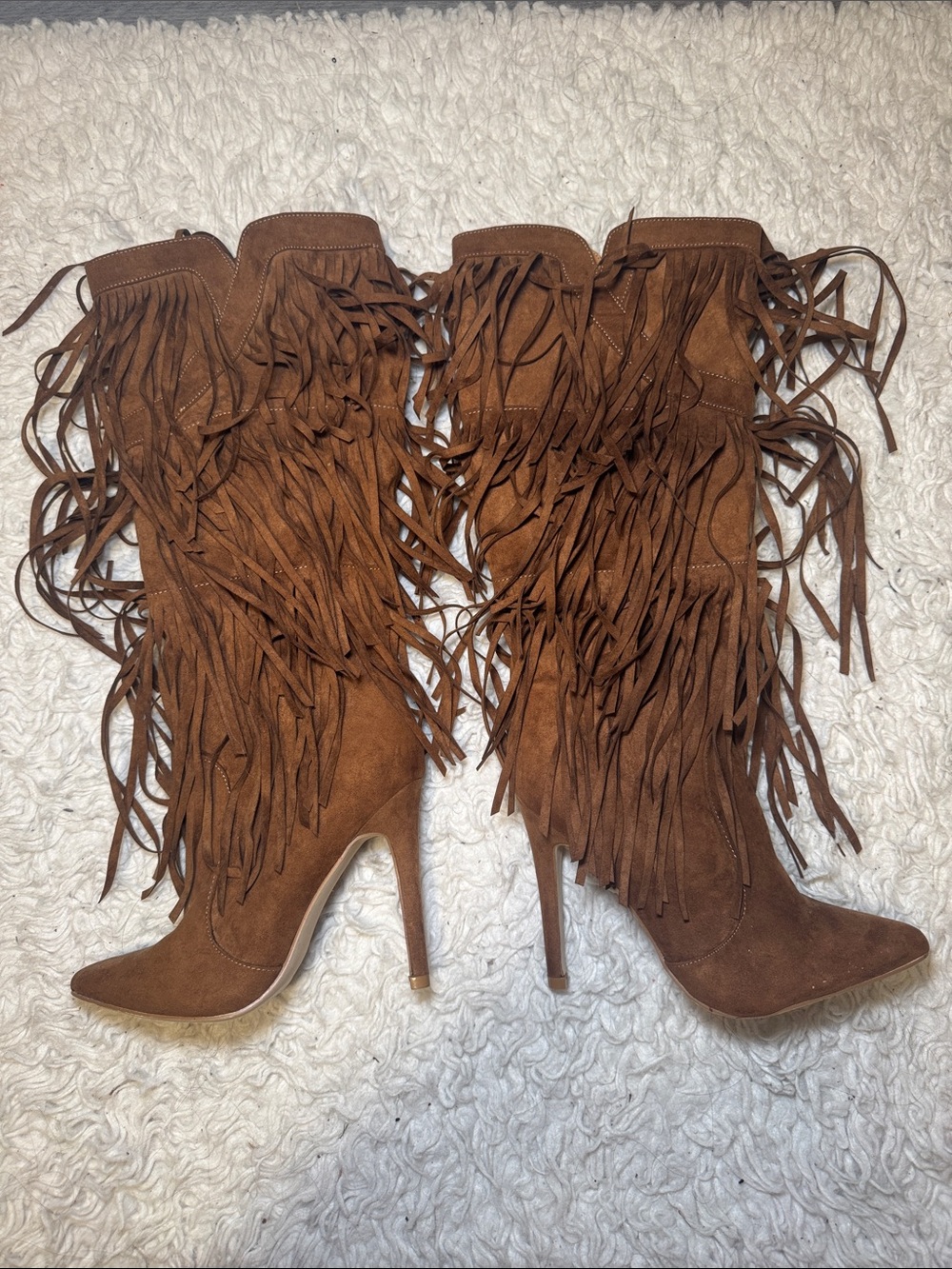 JustFab Brown Suede Fringe Stiletto Knee Boots
